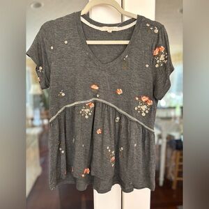 Rewind Charcoal V-Neck Peplum Top with Orange Floral